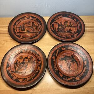 Lot 4 Signed Cactus Kokopelli Coyote Painted Plates 9.5” Hanging Mexico Arizona